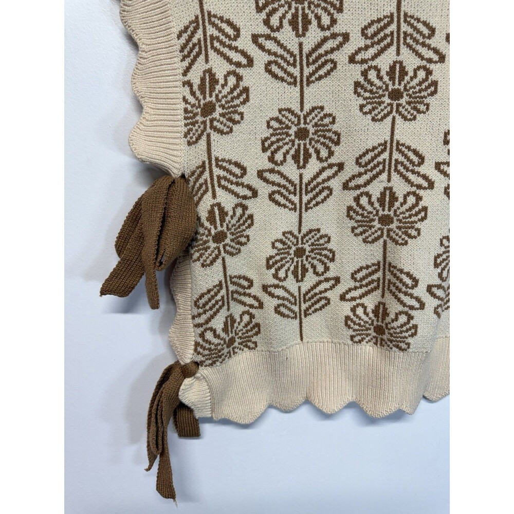 &merci Floral Jacquard Sweater Vest Cream Brown Side Tie Bow Scallop Sz M NWT - Picture 2 of 14